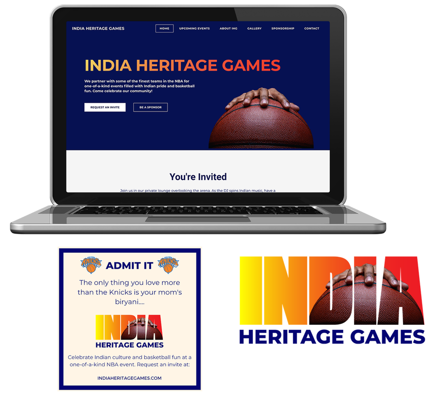Website on a laptop computer for special basketball events organization India Heritage Games as well as their logo, and a social media sample.