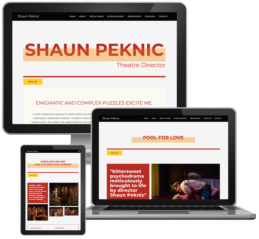 Website for theater director and dramaturg Shaun Peknic as featured on a desktop computer, a laptop computer, and a tablet.