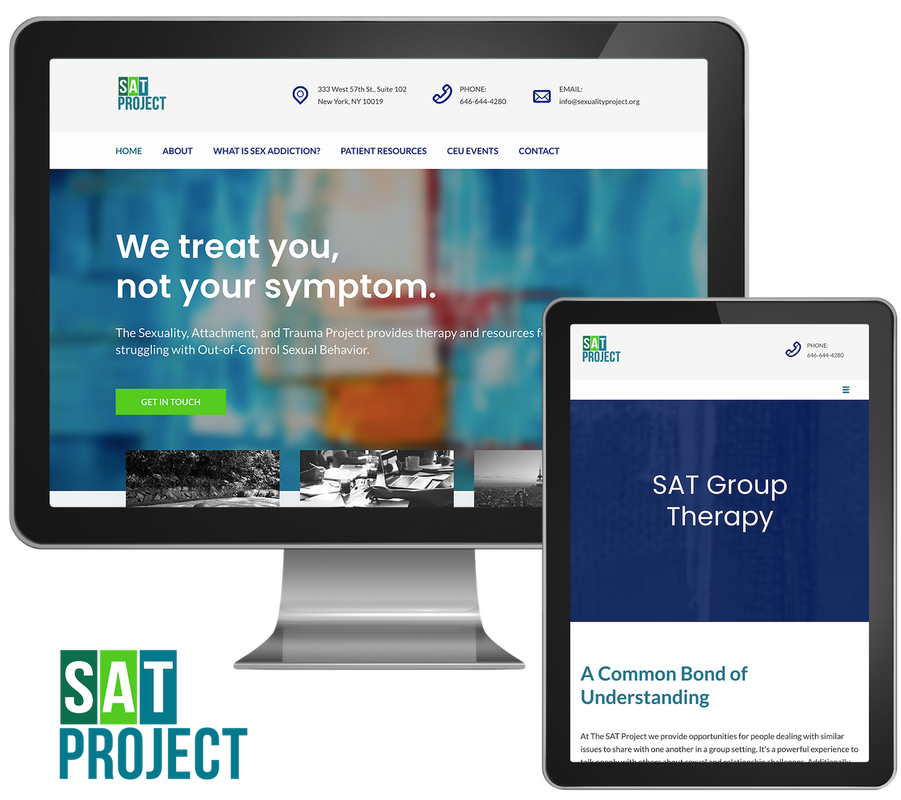 Website for psychotherapy group practice The SAT Project as featured on a desktop computer and a tablet as well as a sample of their logo.