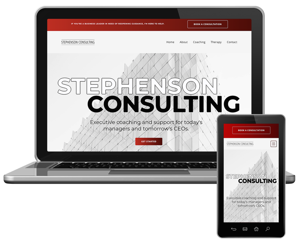 Website for executive coaching service Stephenson Consulting as featured on a laptop computer and a mobile phone.